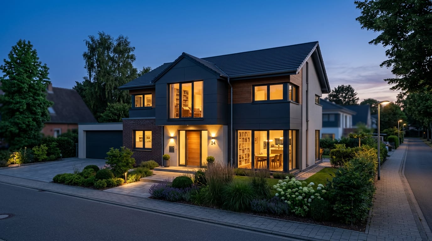Modernes Einfamilienhaus mit beleuchteten Fenstern in der Abenddämmerung