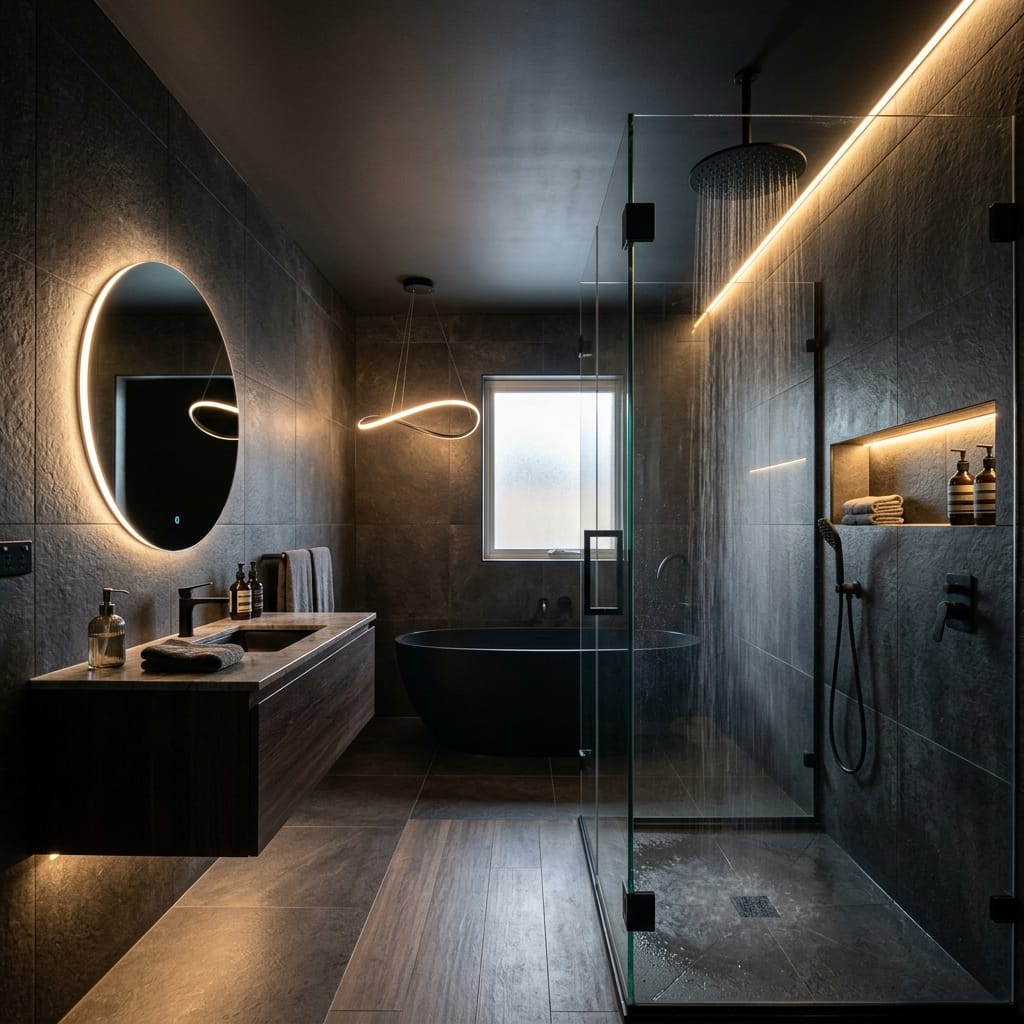 Luxuriöses, modernes Badezimmer in dunkler Optik mit freistehender Badewanne und begehbarer Dusche