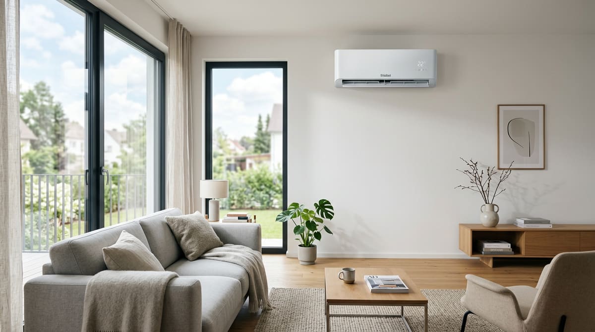 Moderne Klimaanlage der Marke Vaillant an der Wand in einem hellen Wohnzimmer