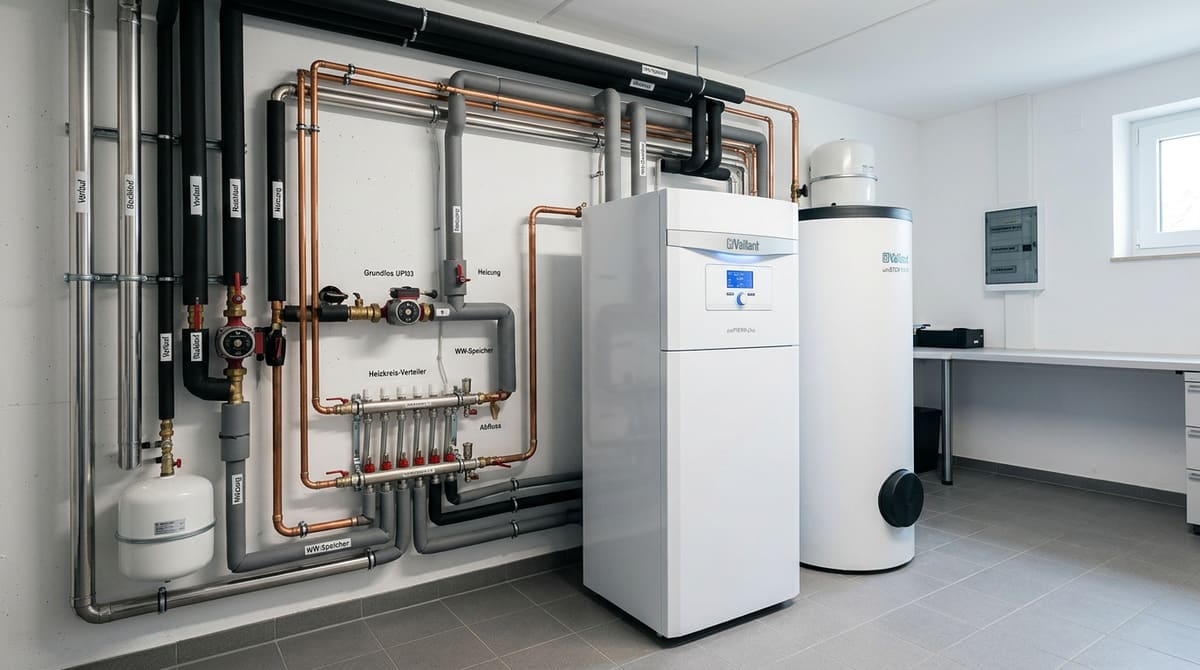 Professionelle Heizungsanlage von Vaillant mit Wärmespeicher und Kupferrohrinstallation
