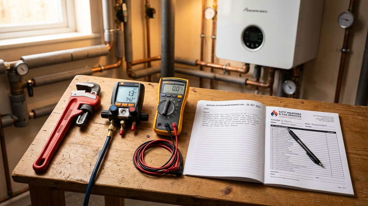 Werkzeuge und Wartungsprotokoll für Heizungsanlagen vor einer Gastherme