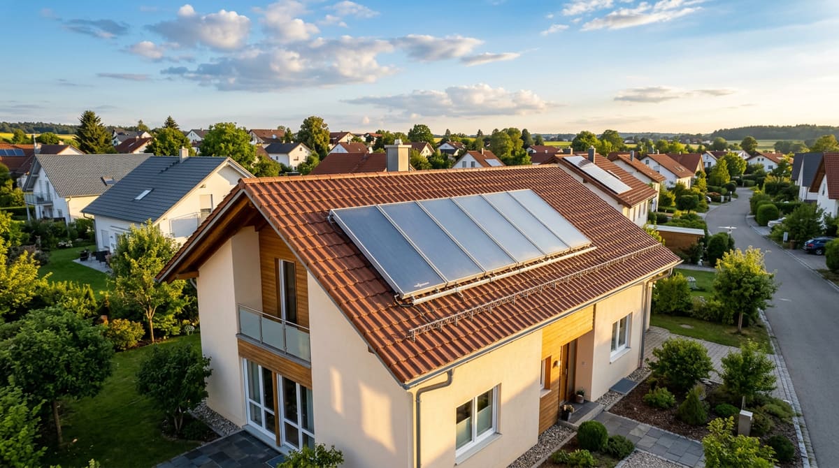Luftaufnahme eines Einfamilienhauses mit Solarthermie-Anlage auf dem Ziegeldach